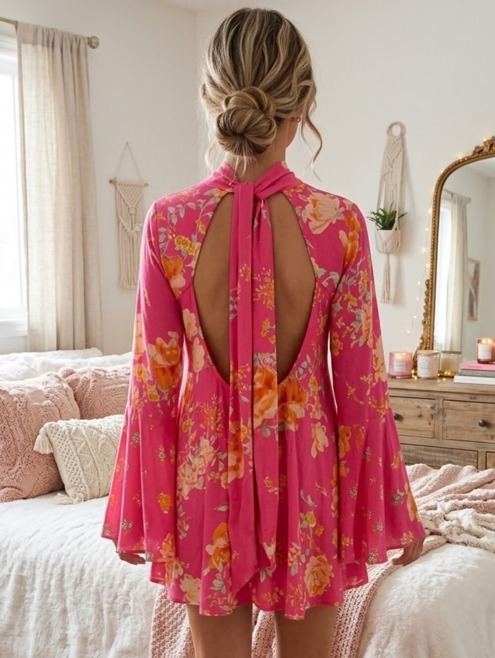 FREE PEOPLE Back Sash Open Back Bell Sleeved Lollipop Mini Flowy Dress